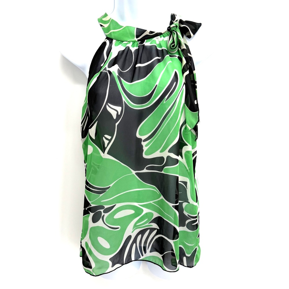 Y2K Julie's Closet Sheer Halter Tie Neck Top Size M Green Black Abstract Print